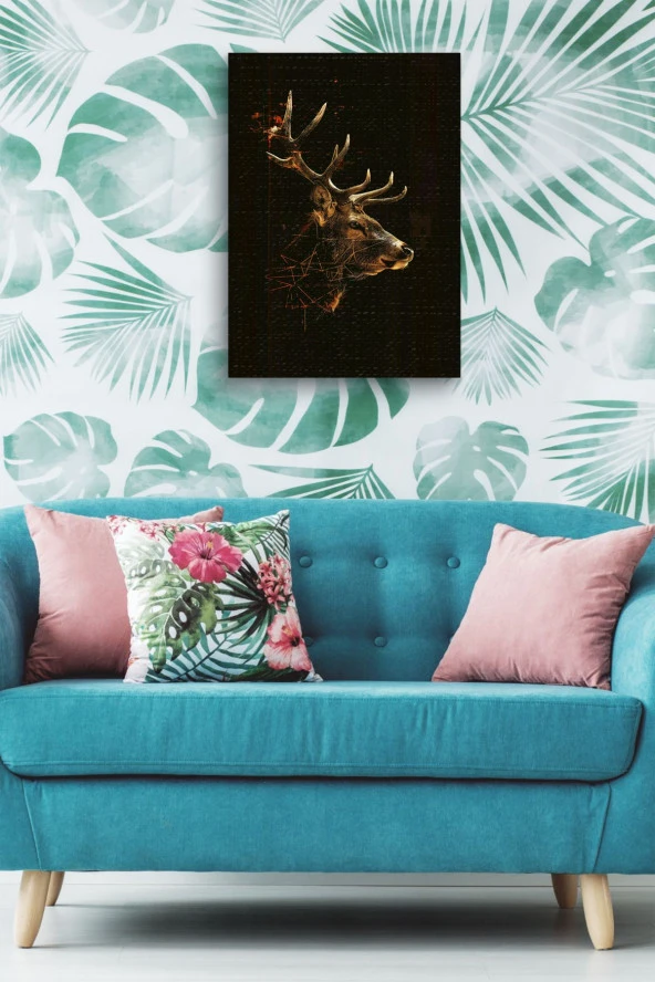 Doğal Çizim Geyik Portresi Yağlı Kanvas Tablo - Resim 5