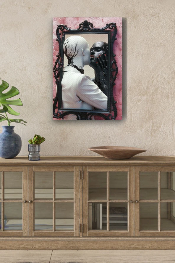 Ayna İçerisinde siyah beyaz İki İnsan Yağlı Kanvas Tablo ürün görseli