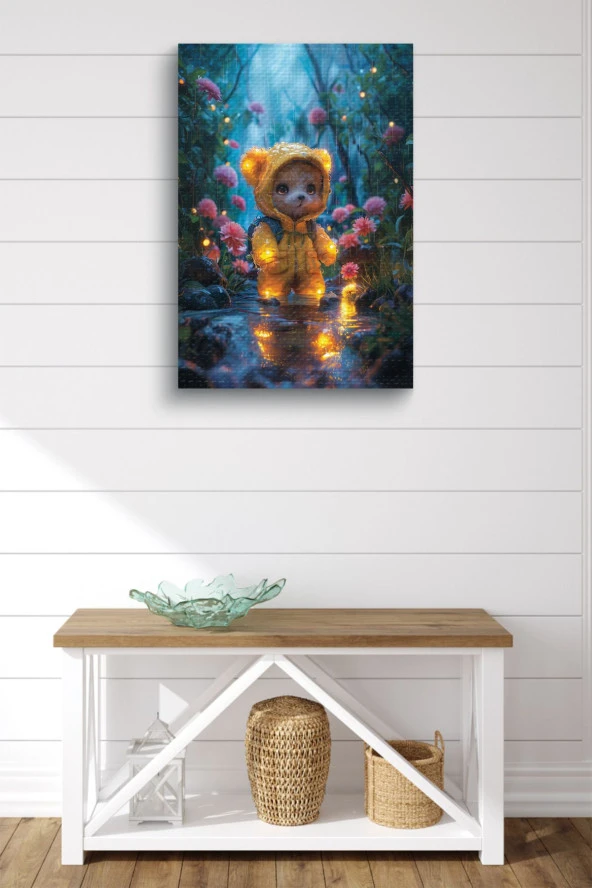 Yağmurluklu Pofuduk Ayıcık Yağlı Kanvas Tablo - Resim 2