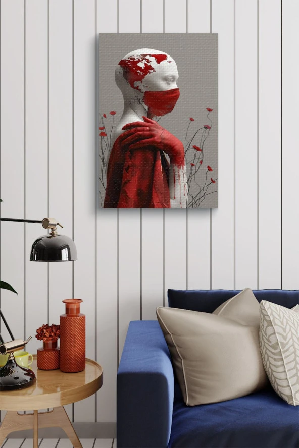 Kırmızı Maskeli Beyaz İnsan Bedeni Yağlı Kanvas Tablo - Resim 3