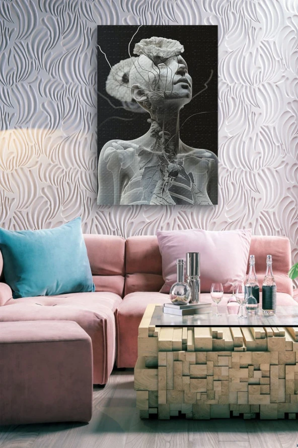 Çiçekler İle Sarılı Sanatsal İskelet Beden Yağlı Kanvas Tablo - Resim 7