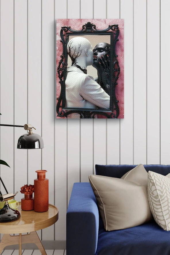 Ayna İçerisinde siyah beyaz İki İnsan Yağlı Kanvas Tablo - Resim 4