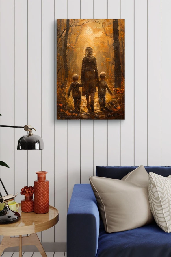 Çocukları İle Yürüyen Kadın Yağlı Kanvas Tablo - Resim 4