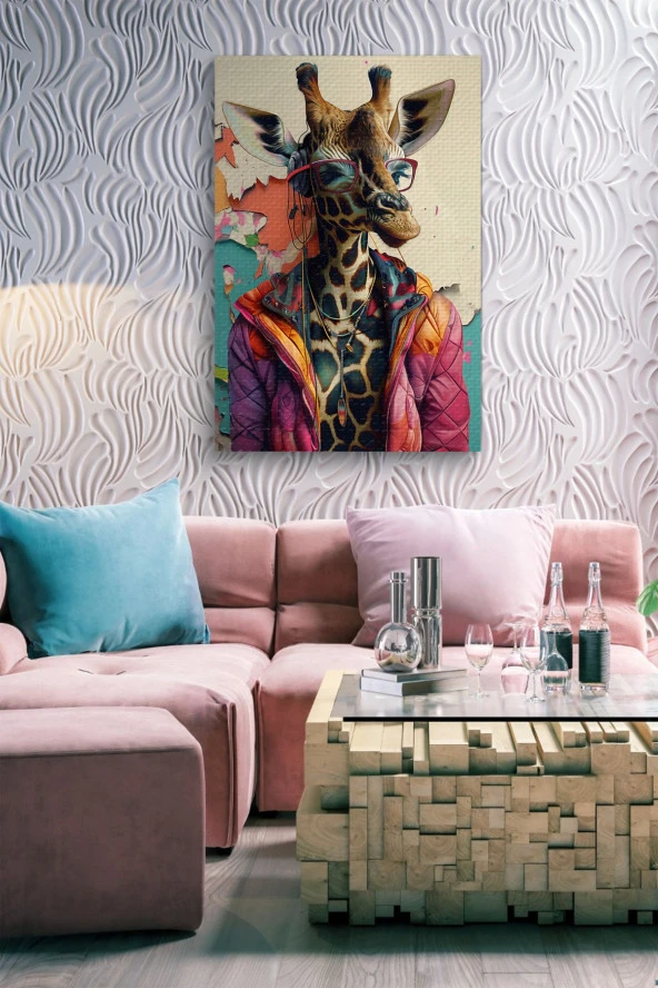 Modern Giysili Zürafa Yağlı Kanvas Tablo - Resim 7