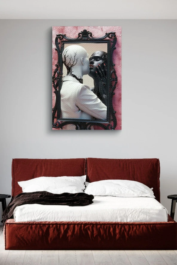 Ayna İçerisinde siyah beyaz İki İnsan Yağlı Kanvas Tablo - Resim 3