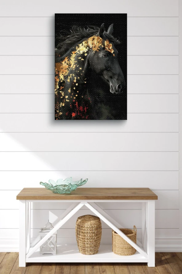 Altın Desenli Siyah At Yağlı Kanvas Tablo - Resim 2
