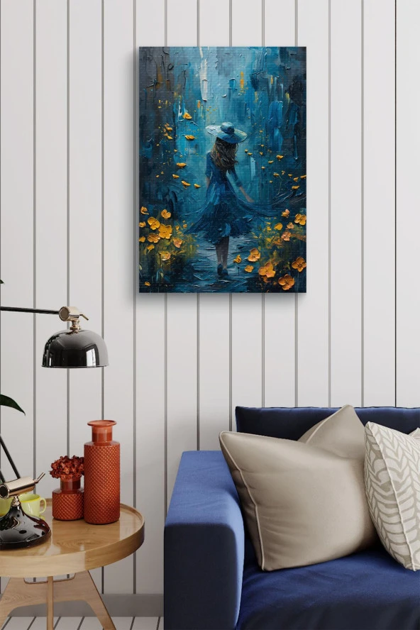 Mavili Kadın Yağlı Kanvas Tablo - Resim 4