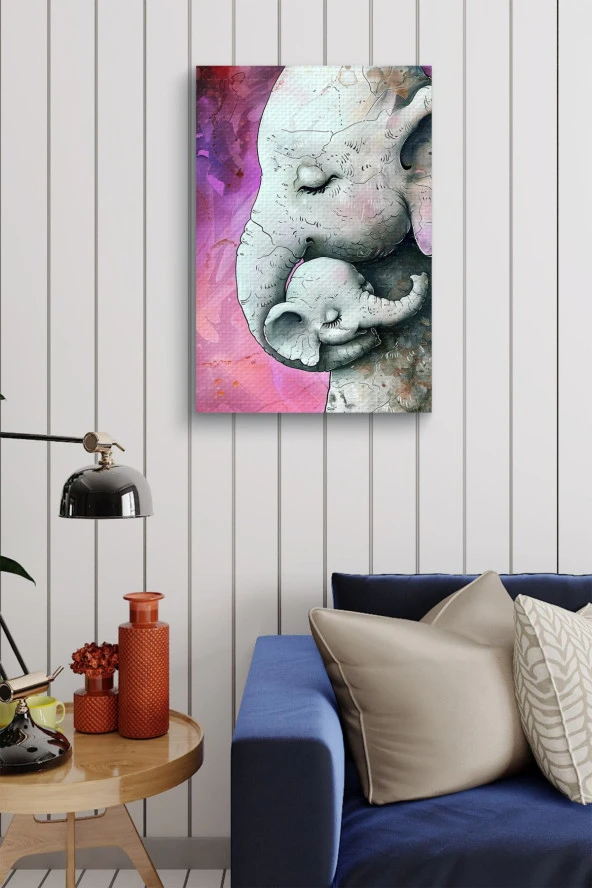 Fil Yavrusu ve Annesi Yağlı Kanvas Tablo - Resim 4