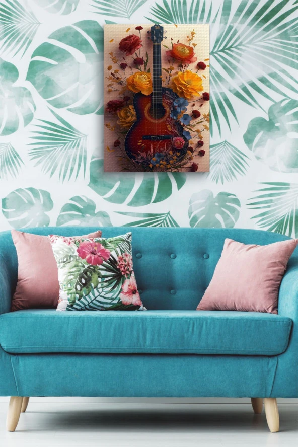 Etrafı Çiçek Kaplı Gitar Yağlı Kanvas Tablo - Resim 5