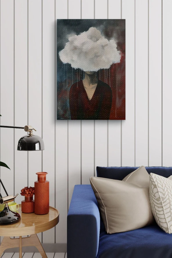Kafasında Bulutlar Olan Kadın Yağlı Kanvas Tablo - Resim 4