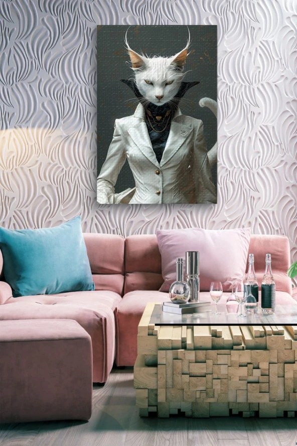 Modern Takım Elbiseli Kedi Portesi Yağlı Kanvas Tablo - Resim 7