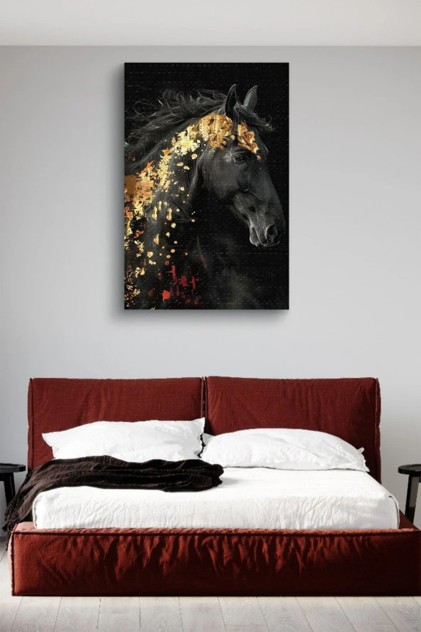 Altın Desenli Siyah At Yağlı Kanvas Tablo - Resim 3
