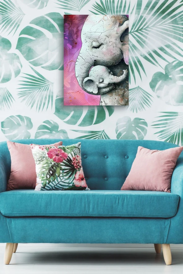 Fil Yavrusu ve Annesi Yağlı Kanvas Tablo - Resim 5