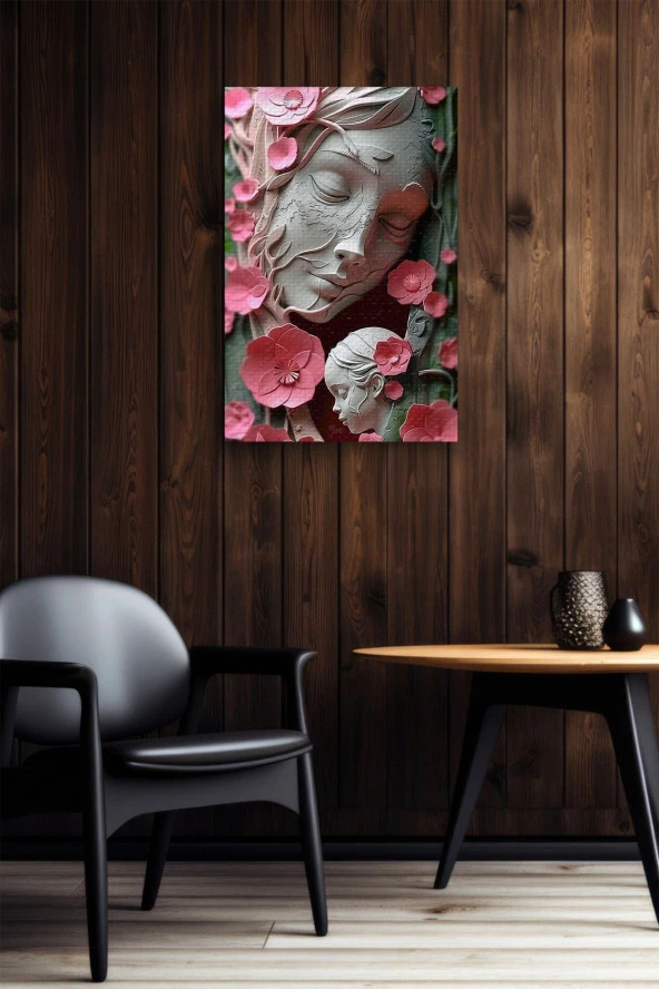 Çiçekli Mermerden Anne ve Çocuk Yağlı Kanvas Tablo - Resim 4