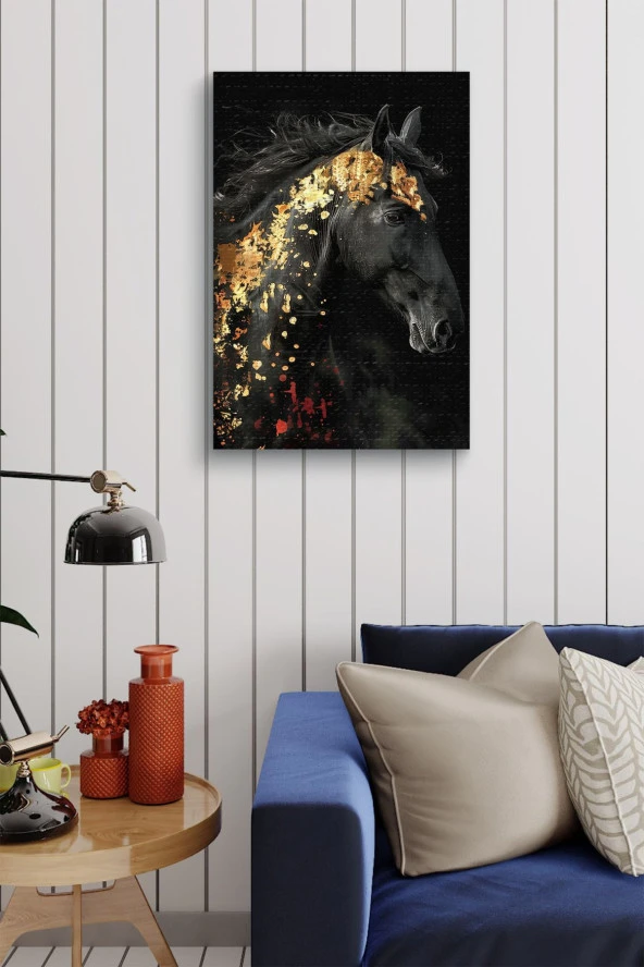 Altın Desenli Siyah At Yağlı Kanvas Tablo - Resim 4