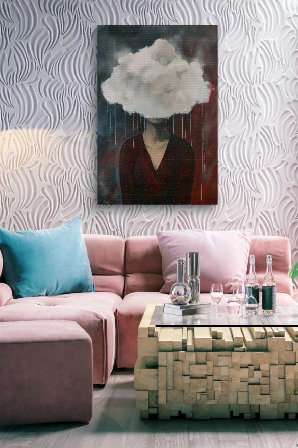 Kafasında Bulutlar Olan Kadın Yağlı Kanvas Tablo - Resim 7