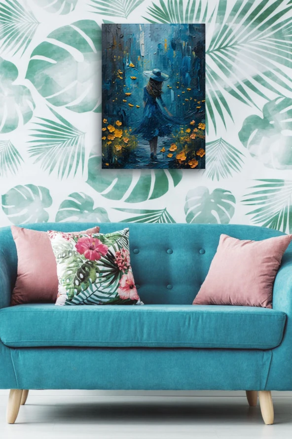 Mavili Kadın Yağlı Kanvas Tablo - Resim 5