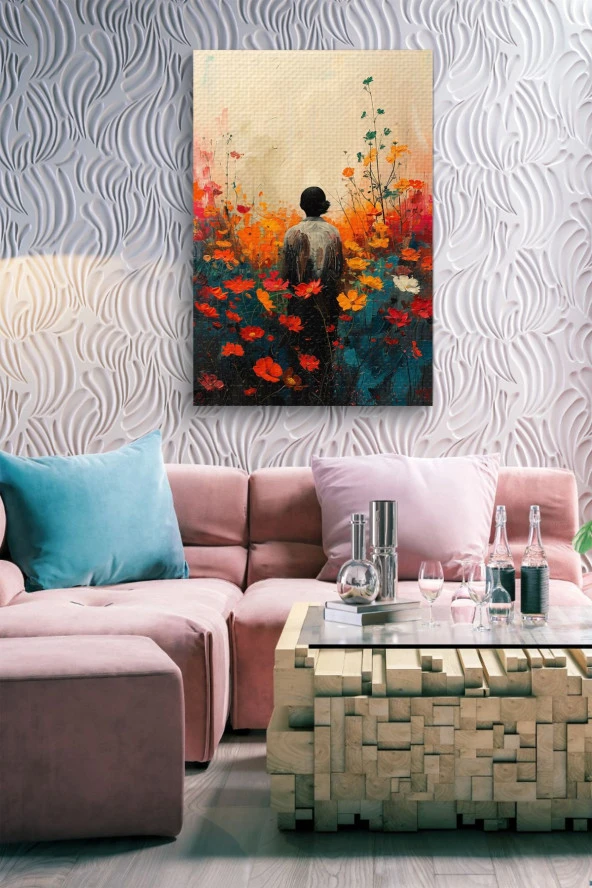 Kırmızı Çiçekler İçerisindeki Genç Yağlı Kanvas Tablo - Resim 6