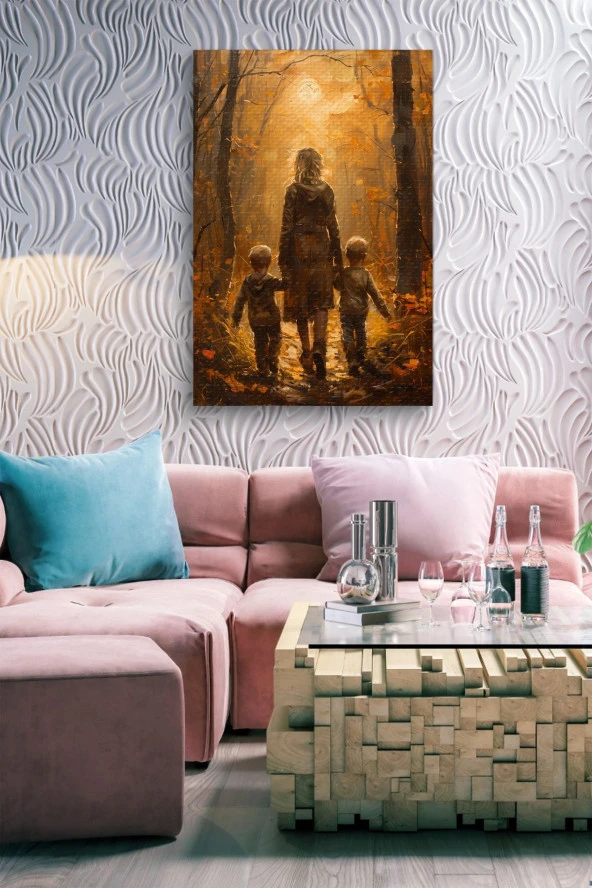 Çocukları İle Yürüyen Kadın Yağlı Kanvas Tablo - Resim 6