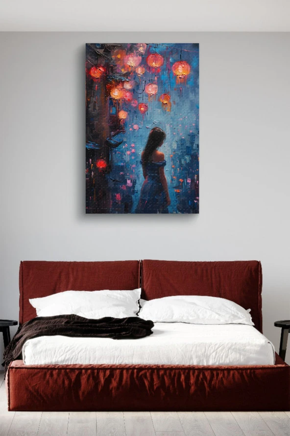 Mavi Illüstrasyon Kadın Yağlı Kanvas Tablo - Resim 3