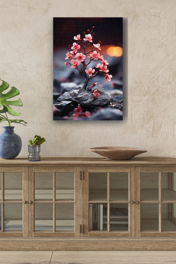 Taş Üzerindeki Pembe Küçük Fidan Yağlı Kanvas Tablo ürün görseli