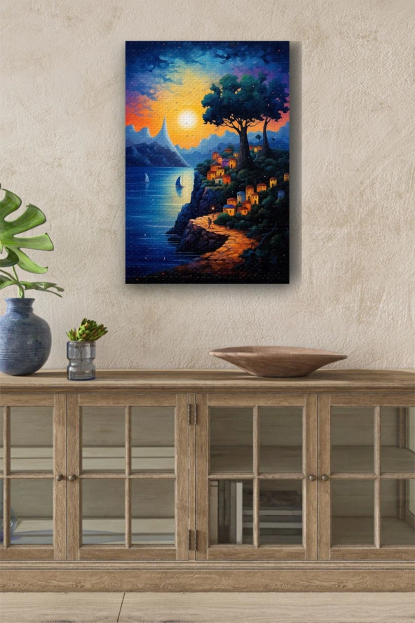 Gün Batımı Detaylı Tepedeki Evler Yağlı Kanvas Tablo ürün görseli