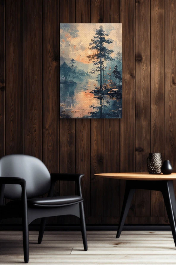 Doğal Göl Kenarı Ağaç Yağlı Kanvas Tablo - Resim 6