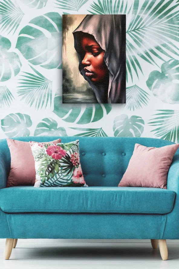 Gri Kapşonlu Afrikalı Kadın Yağlı Kanvas Tablo - Resim 4