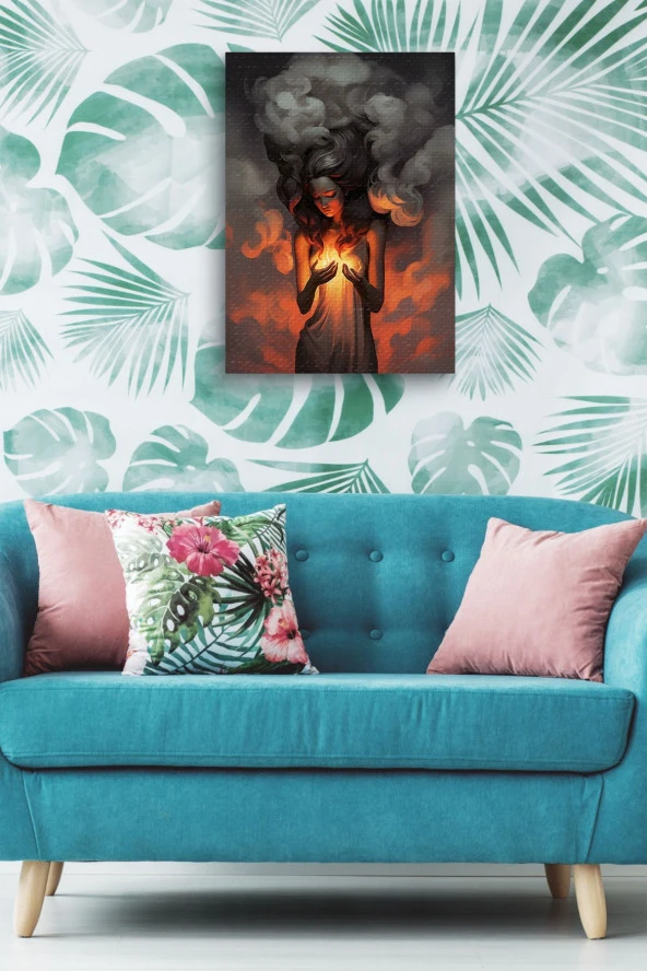 Alev ve Dumanlar İçerisindeki Kadın Yağlı Kanvas Tablo - Resim 5