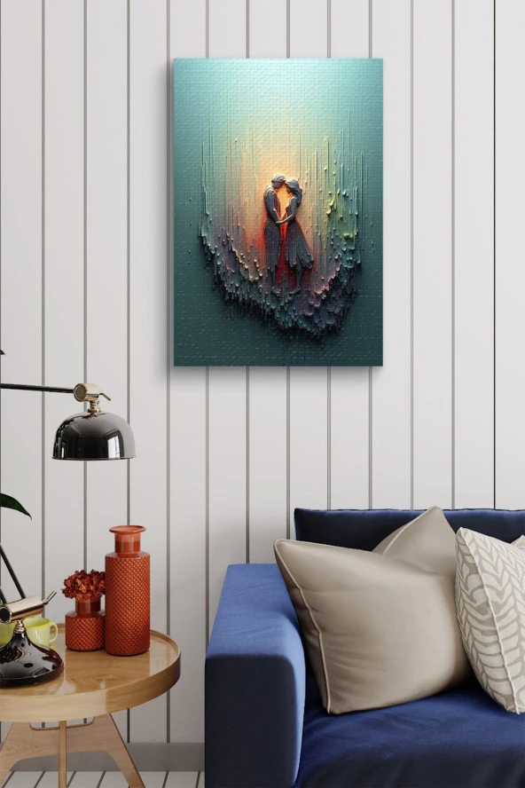 Mum Detaylı Akışkan Boyalar İçindeki Kadın ve Erkek Silüeti Yağlı Kanvas Tablo - Resim 4