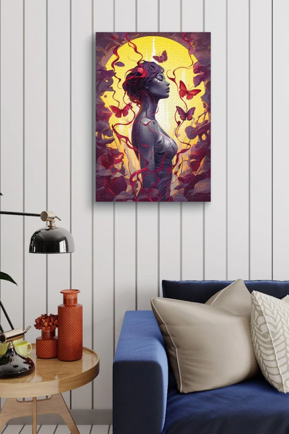 Kırmızı Kelebek Detaylı Futuristik Kadın Yağlı Kanvas Tablo - Resim 4