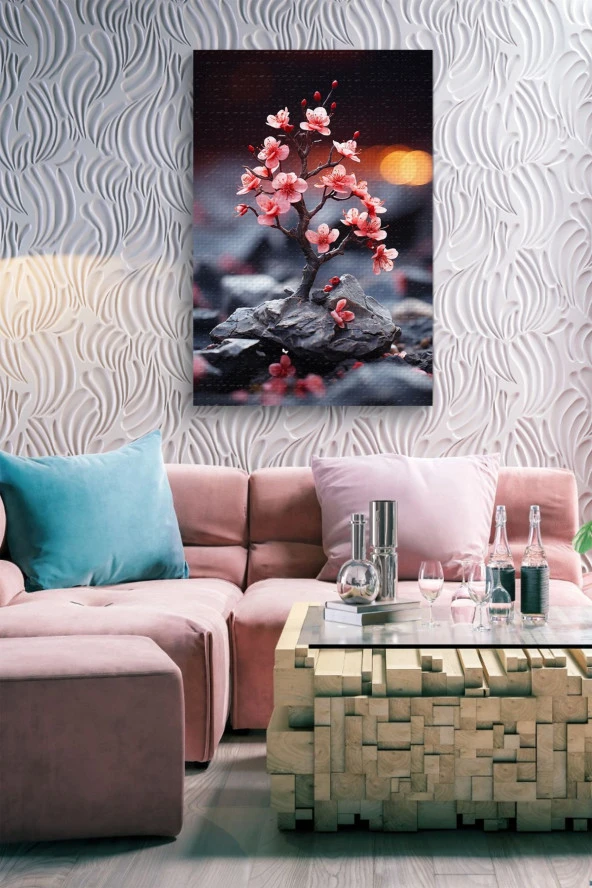 Taş Üzerindeki Pembe Küçük Fidan Yağlı Kanvas Tablo - Resim 7