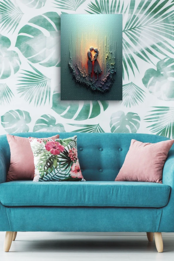 Mum Detaylı Akışkan Boyalar İçindeki Kadın ve Erkek Silüeti Yağlı Kanvas Tablo - Resim 5