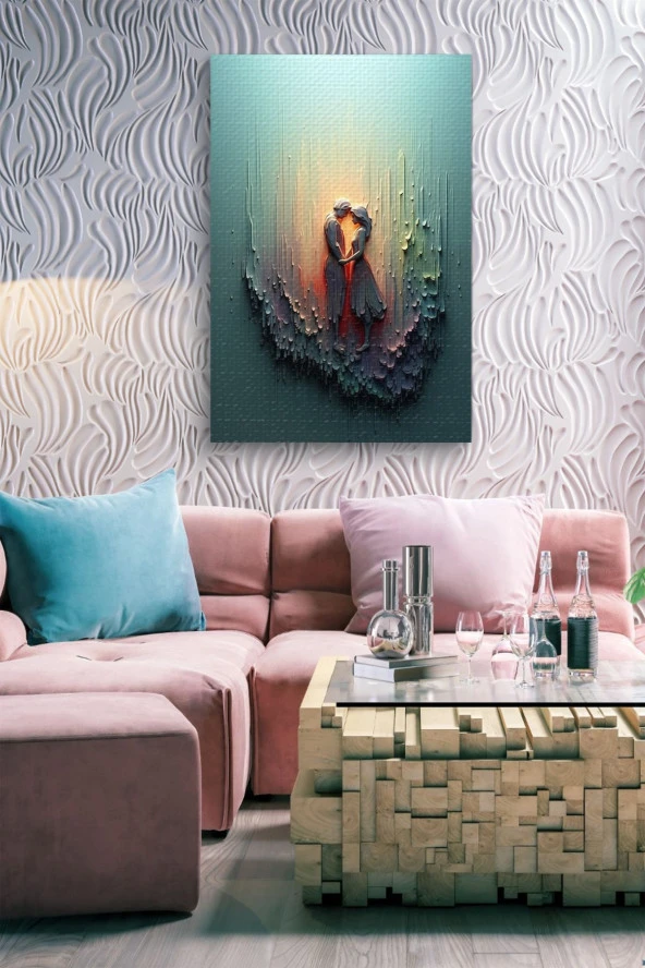 Mum Detaylı Akışkan Boyalar İçindeki Kadın ve Erkek Silüeti Yağlı Kanvas Tablo - Resim 7