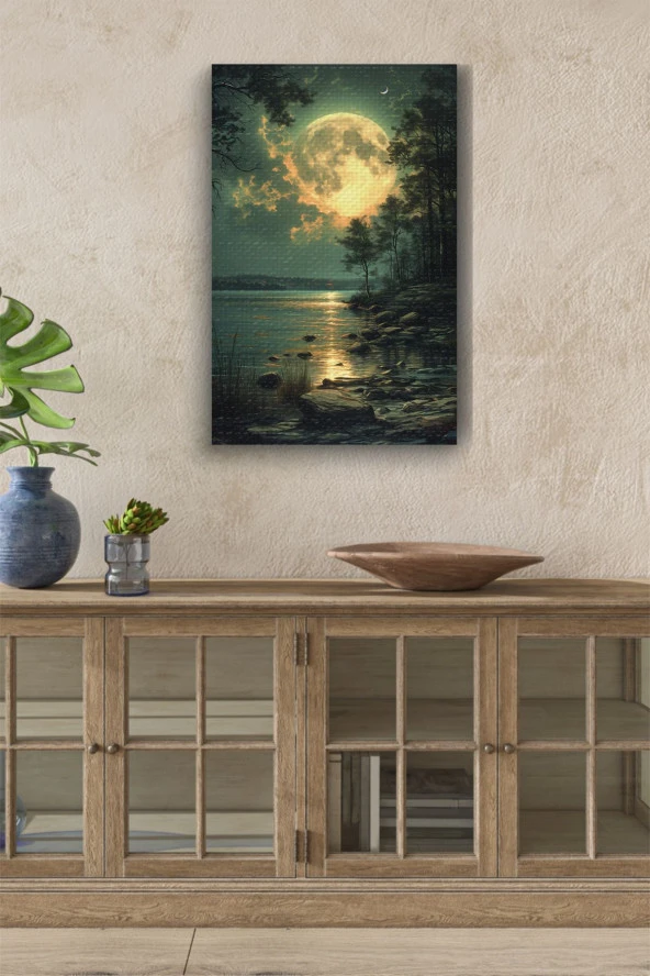 Göl Kenarına Yansıyan Ay ve Ay Işığı Kanvas Tablo ürün görseli