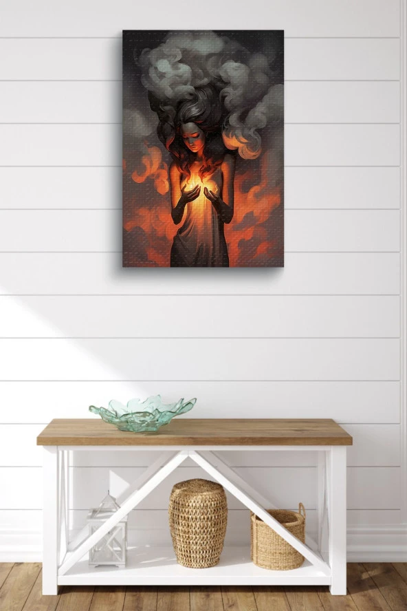 Alev ve Dumanlar İçerisindeki Kadın Yağlı Kanvas Tablo - Resim 2