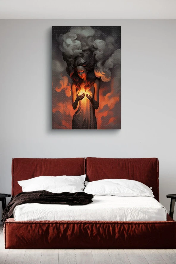 Alev ve Dumanlar İçerisindeki Kadın Yağlı Kanvas Tablo - Resim 3