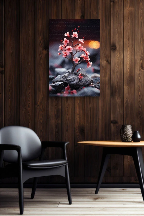 Taş Üzerindeki Pembe Küçük Fidan Yağlı Kanvas Tablo - Resim 6