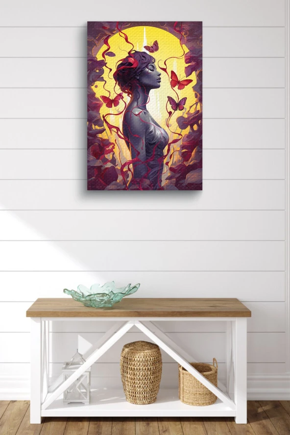 Kırmızı Kelebek Detaylı Futuristik Kadın Yağlı Kanvas Tablo - Resim 2