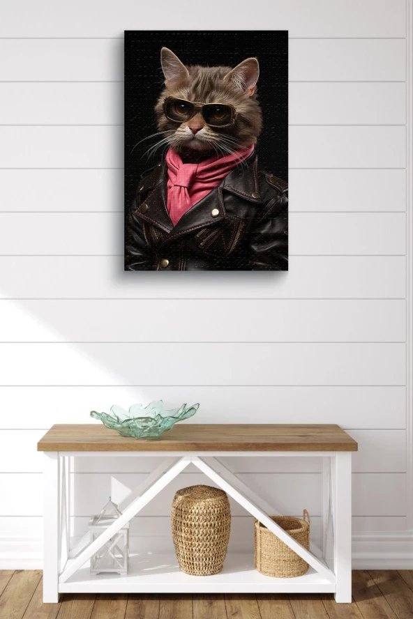 Modern Kahverengi Gözlüklü Kedi Yağlı Kanvas Tablo - Resim 2