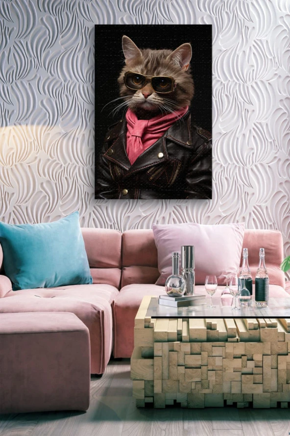 Modern Kahverengi Gözlüklü Kedi Yağlı Kanvas Tablo - Resim 7