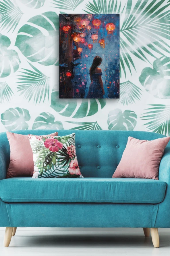 Mavi Illüstrasyon Kadın Yağlı Kanvas Tablo - Resim 5