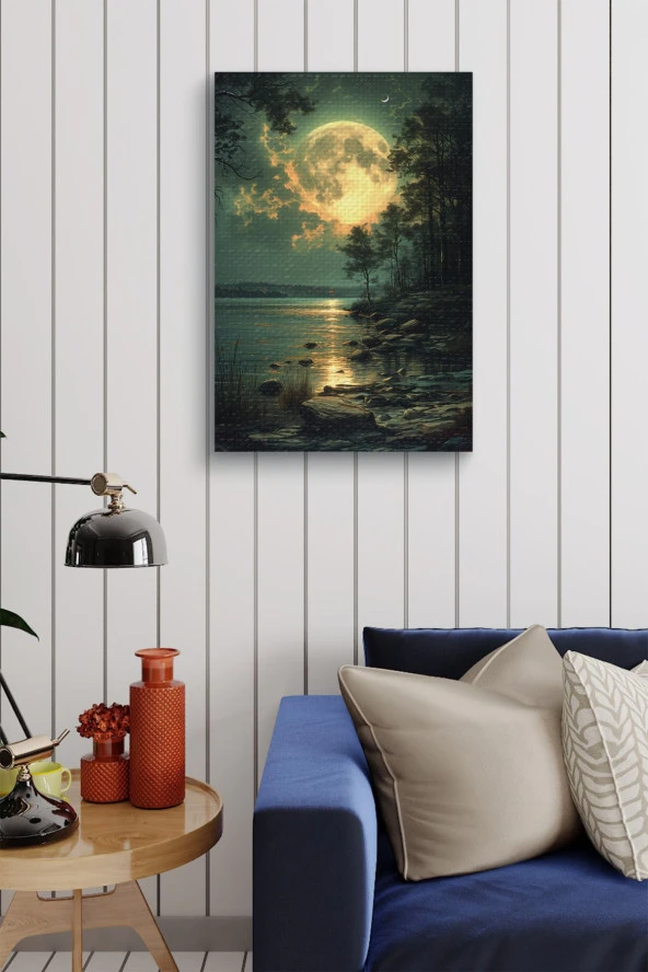 Göl Kenarına Yansıyan Ay ve Ay Işığı Kanvas Tablo - Resim 4