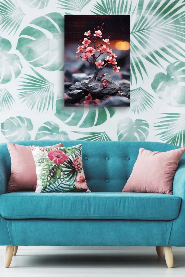 Taş Üzerindeki Pembe Küçük Fidan Yağlı Kanvas Tablo - Resim 5