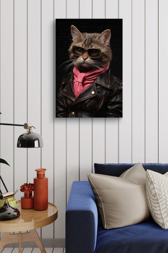 Modern Kahverengi Gözlüklü Kedi Yağlı Kanvas Tablo - Resim 4