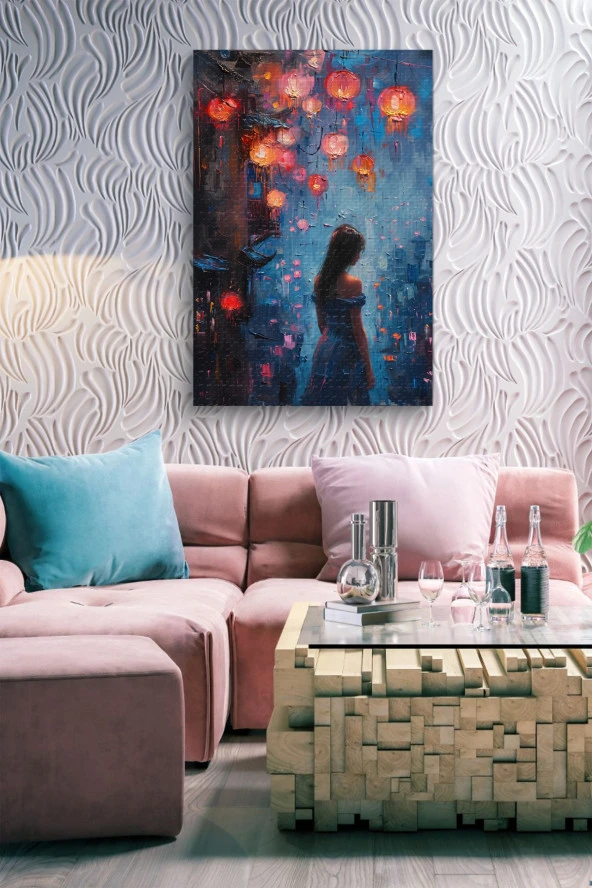 Mavi Illüstrasyon Kadın Yağlı Kanvas Tablo - Resim 7