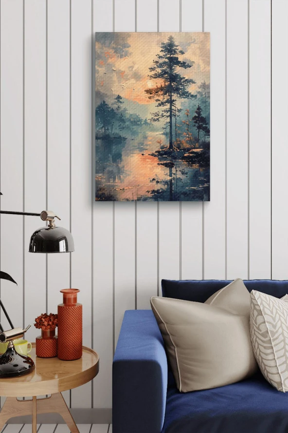 Doğal Göl Kenarı Ağaç Yağlı Kanvas Tablo - Resim 4