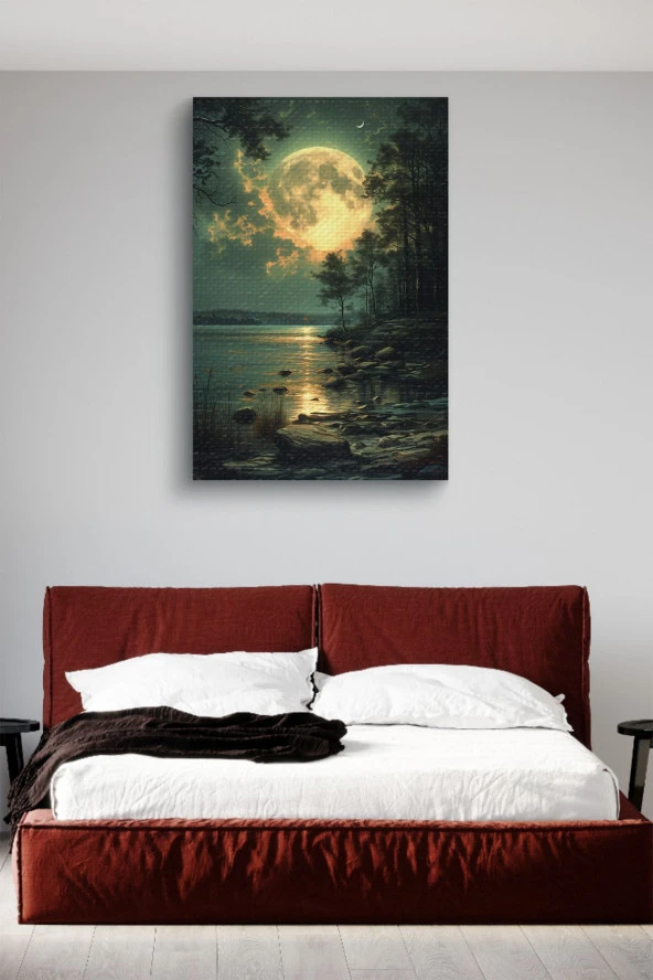 Göl Kenarına Yansıyan Ay ve Ay Işığı Kanvas Tablo - Resim 3