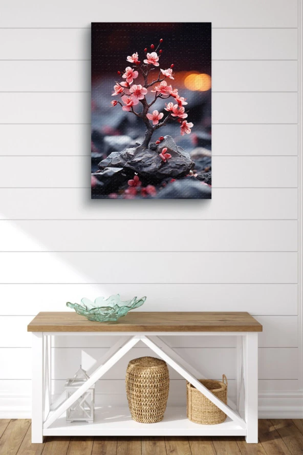 Taş Üzerindeki Pembe Küçük Fidan Yağlı Kanvas Tablo - Resim 2