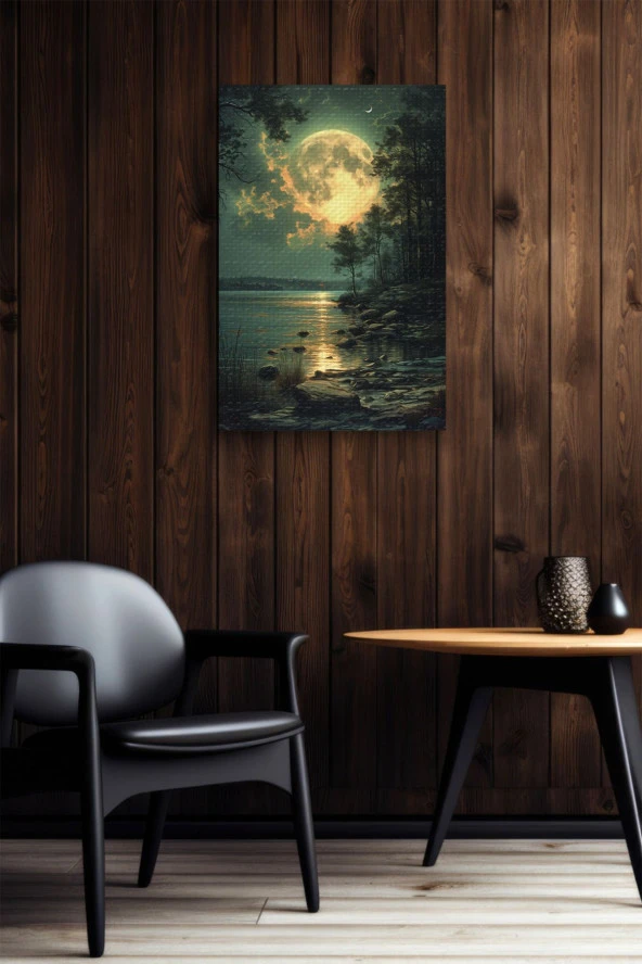 Göl Kenarına Yansıyan Ay ve Ay Işığı Kanvas Tablo - Resim 6